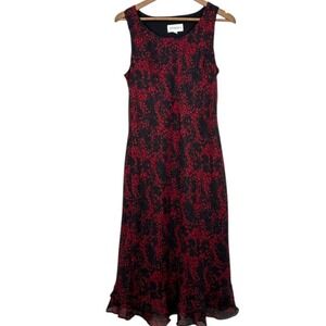 Vintage 90s Studio 1‎ Red Black Floral Ruffle Trim Midi Dress Grunge Indie Goth